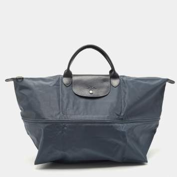 Pre Owned Longchamp Navy Blue Nylon and Leather Expandable Le Pliage Tote