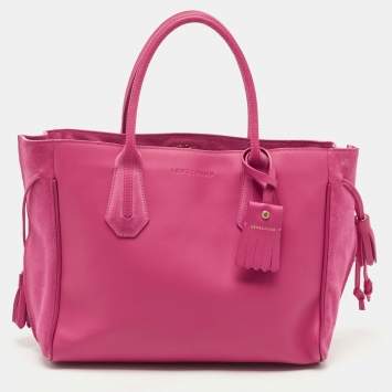Pre Owned Longchamp Fuchsia Leather and Suede Medium Penelope Fantasie Tote