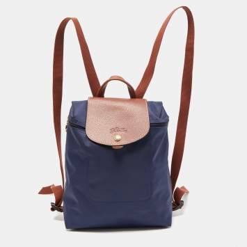 Pre Owned Longchamp Navy Blue/Brown Nylon and Leather Le Pliage Backpack