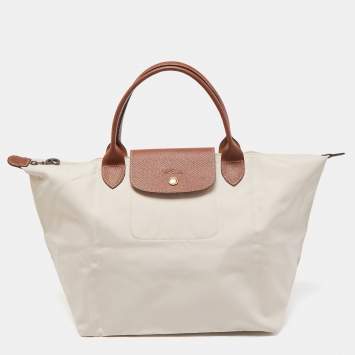 Pre Owned Longchamp Cream/Brown Nylon and Leather Le Pliage Tote