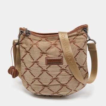 Pre Owned Longchamp Brown/Beige Quilted Print Canvas and Leather Crossbody Bag