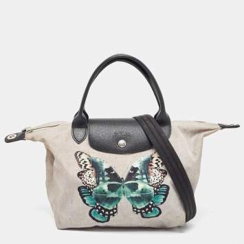 Pre Owned Longchamp Grey/Black Nylon and Leather Butterfly Le Pliage Tote