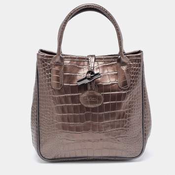 Pre Owned Longchamp Brown Glaze Croc Embossed Leather Roseau Tote