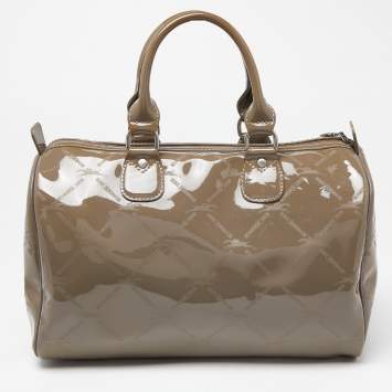 Pre Owned Longchamp Grey Printed Patent Leather Boston Satchel