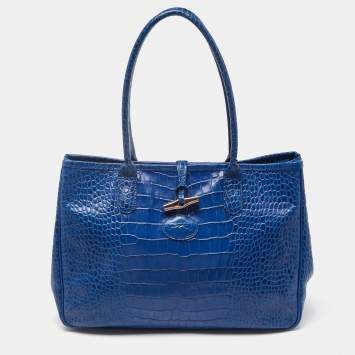 Pre Owned Longchamp Blue Croc Embossed Leather Roseau Tote