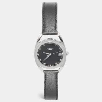 Pre Owned Longines Black Diamond Stainless Steel Leather Equestrian L6.138.4.57.0 Women's Wristwatch 34 mm