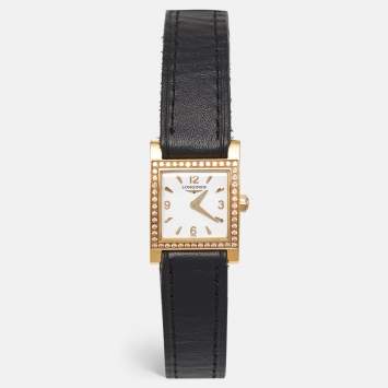 Pre Owned Longines White 18K Yellow Gold Diamond Leather DolceVita L5.166.7.16.2 Women's Wristwatch 21 mm