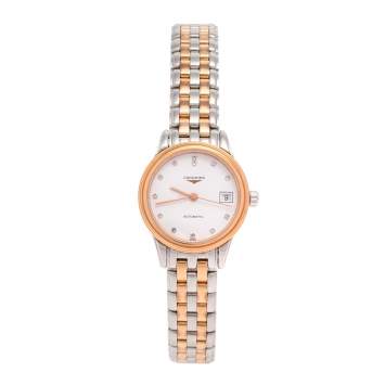 Pre Owned Longines White Two-Tone Stainless Steel Diamonds Flagship L4.274.3.99.7 Women's Wristwatch 26 mm