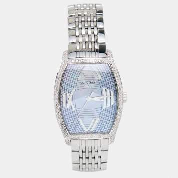 Pre Owned Longines Mother of Pearl Stainless Steel Diamonds Evidenza L2.655.4 Women's Wristwatch 33 mm