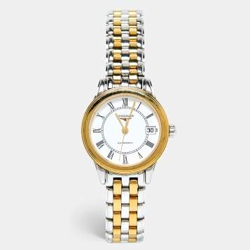Pre Owned Longines White Two Tone Stainless Steel Flagship L42743217 Women's Wristwatch 26 mm 