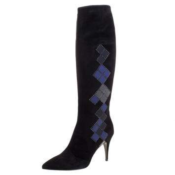 Pre Owned Loriblu Black Abstract Embellished Suede Knee High Boots Size 41