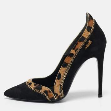 Loriblu Black/Brown Leopard Calfhair and Suede Chain Detail Pumps Size 36.5