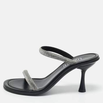 Pre Owned Loriblu Silver/Black Crystals and Leather Dual Stiletto Heel Slide Sandals Size 38