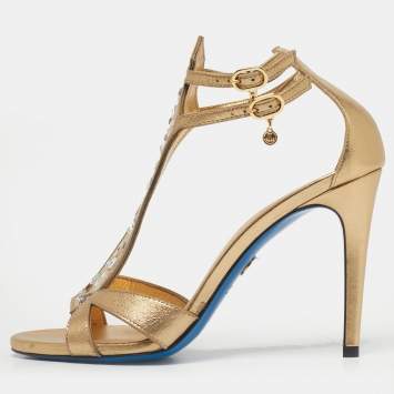 مملوكة مسبقًا Loriblu Gold Leather Crystal Embellished Ankle Strap Sandals Size 38.5