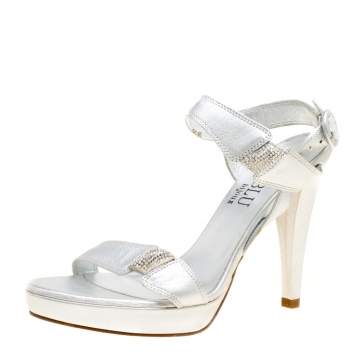 Pre Owned Loriblu Bijoux Metallic Silver Leather Crystal Embellished Platform Sandals Size 37
