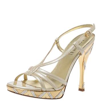 Pre Owned Loriblu Cream Patent Leather Crystal Embellished Ankle Strap Sandals Size 38