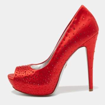 Pre Owned Loriblu Red Crystal Embellished Satin Peep Toe Pumps Size 38