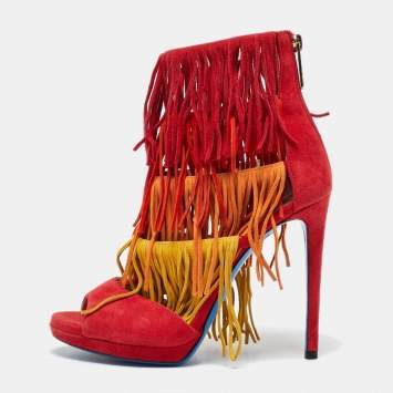 Pre Owned Loriblu Multicolor Suede Cut Out Fringe Platform Sandals Size 37.5