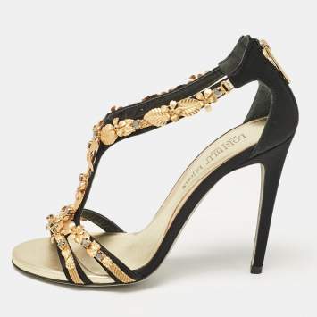 Pre Owned Loriblu Black Satin Floral Embellished Sandals Size 38