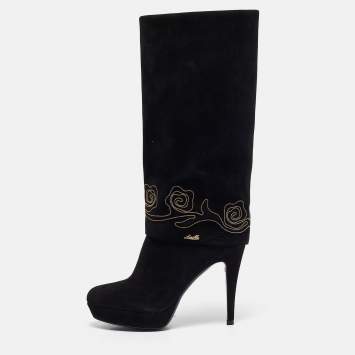 Pre Owned Loriblu Black Suede Cuff Embroidered Knee Length Boots Size 37.5