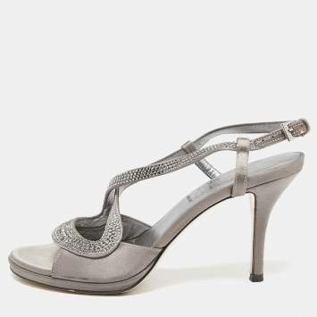 Pre Owned Loriblu Grey Satin Crystal Embellished Ankle Strap Sandals Size 36