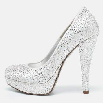 Loriblu Silver Satin Crystal Embellished Platform Pumps Size 36.5