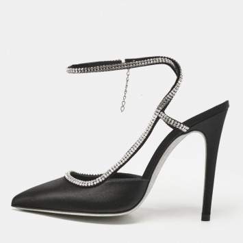 Loriblu Black Satin Crystals Embellished Ankle Strap Pumps Size 37