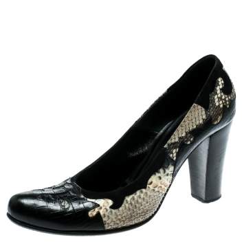 Pre Owned Loriblu Black/Beige Python, Crocodile And Suede Trim Block Heel Pumps Size 40