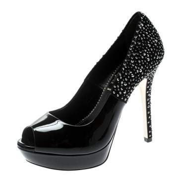 Pre Owned Loriblu Bijoux Black Crystal Embellished Suede And Patent Leather Peep Toe Platform Pumps Size 37