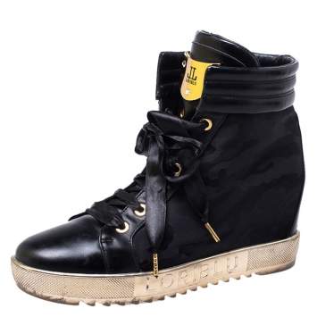 Pre Owned Loriblu Black Leather and Nylon Lace Up Wedge Sneakers Size 36
