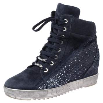 Pre Owned Loriblu Blue Crystal Embellished Suede and Python Embossed Leather High Top Sneakers Size 38.5