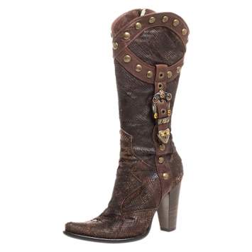 Pre Owned Loriblu Dark Brown Embossed Leather Studded Buckle Knee Boots Size 38.5