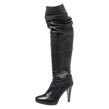 Pre Owned Loriblu Black Leather Pleat Detail Platform Knee Length Boots Size 37
