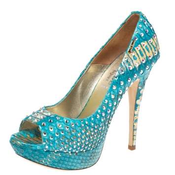Pre Owned Loriblu Blue/Gold Python Embossed Leather Crystal Embellished Peep Toe Platform Pumps Size 36.5