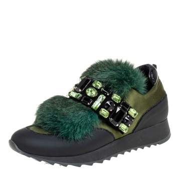Pre Owned Loriblu Green/Black Satin And Fur Crystal Embellished Sneakers Size 38