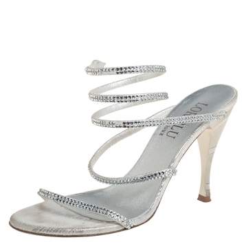 Pre Owned Loriblu Silver Leather Crystal Embellished Slingback Sandals Size 38