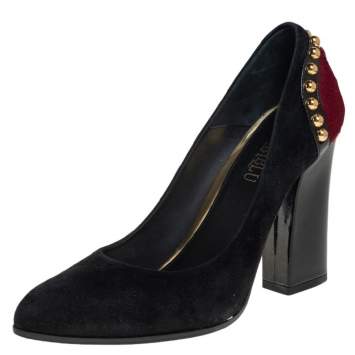 Pre Owned Loriblu Burgundy/Black Suede and Pony Hair Studded Block Heel Pumps Size 38