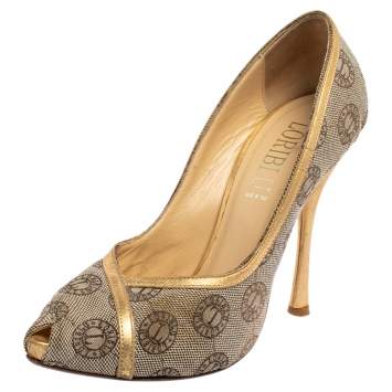 Pre Owned Loriblu Beige Canvas Monogram Peep Toe Pumps Size 38