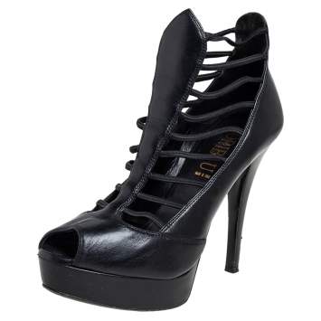Pre Owned Loriblu Black Leather Platform Booties Size 38.5