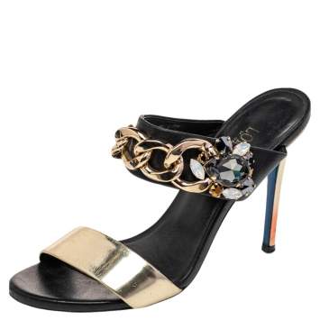Pre Owned Loriblu Black/Gold Leather Embellished Chain Detail Slide Sandals Size 37.5