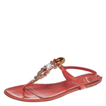Loriblu Orange Patent Leather Crystal Embellished Ankle Strap Flat Sandals Size 40