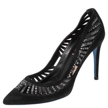 Pre Owned Loriblu Black Suede Crystal Embellished Pumps Size 39