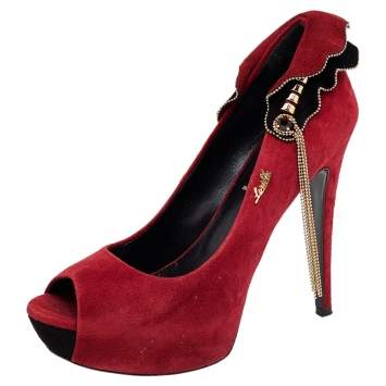 Pre Owned Loriblu Red Suede Embellished Peep Toe Pumps Size 38