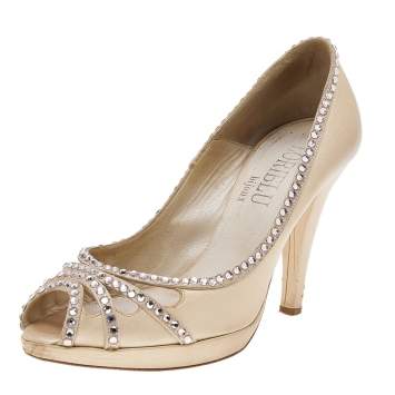 Pre Owned Loriblu Cream Leather Crystal Embellished Peep Toe Pumps Size 37