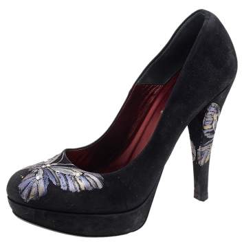Pre Owned Loriblu Black Suede Butterfly Print Platform Pumps Size 38.5