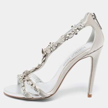 Pre Owned Loriblu Bijoux Silver Satin Crystal Floral Embellished Studded Sandals Size 37.5