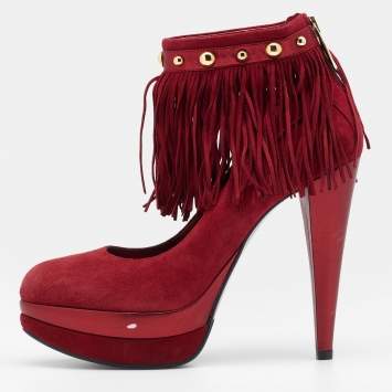 Pre Owned Loriblu Red Suede Fringe Platform Ankle Strap Pumps Size 40