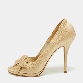 Pre Owned Loriblu Beige Satin And Lace Embroidered Peep Toe Pumps Size 36