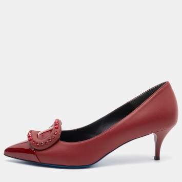 Pre Owned Loriblu Dark Red Leather Pointed Toe Crystal Embellished Pumps Size 38.5