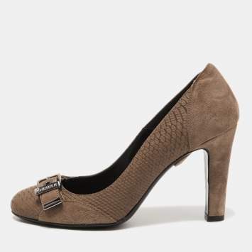 Pre Owned Loriblu Brown Suede and Embossed Python Pumps Size 37.5
